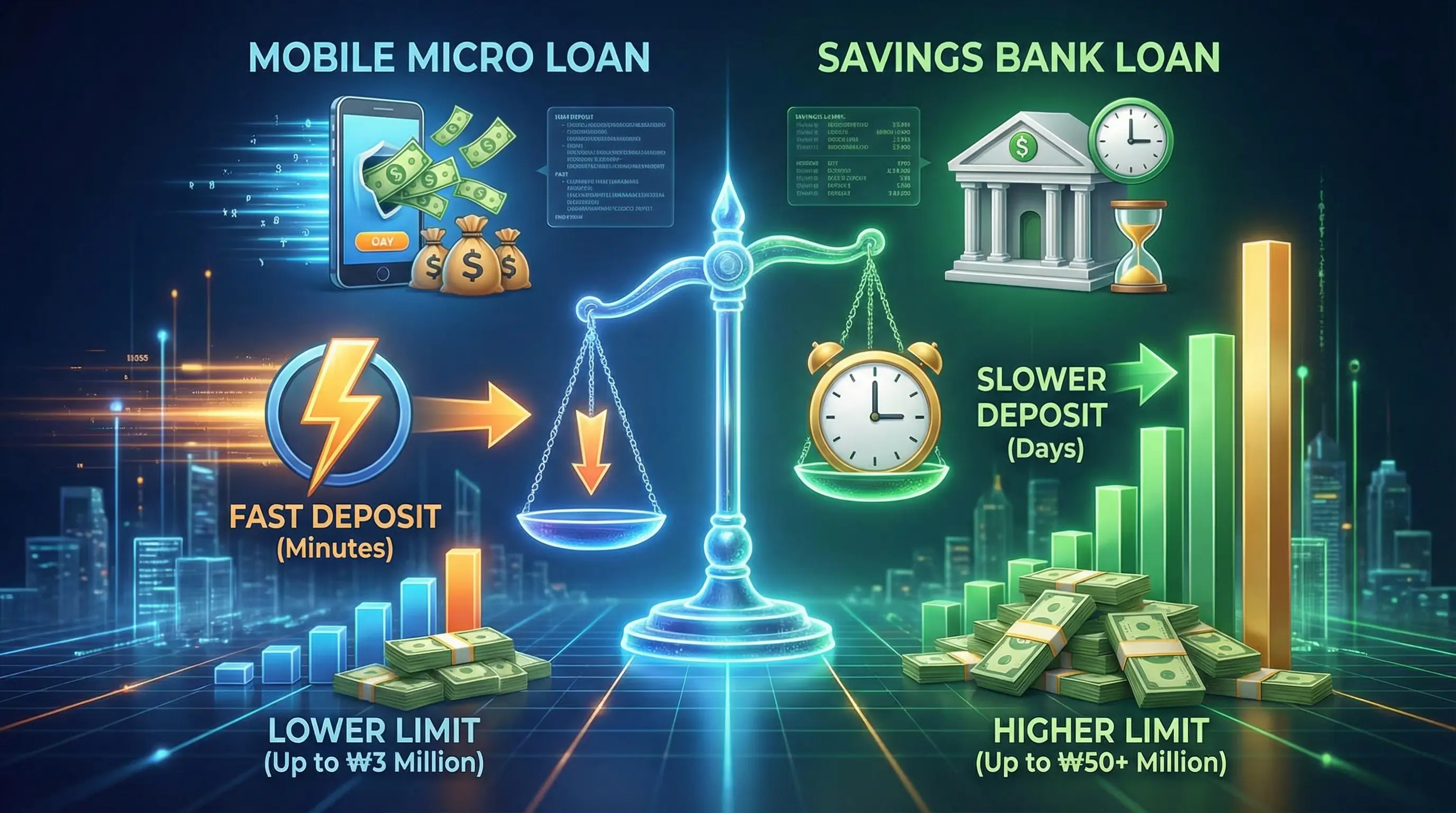 모바일 소액 대출과 저축은행 대출의 한도 및 입금 속도를 비교하는 3D 인포그래픽