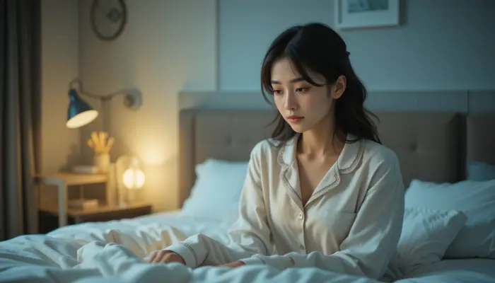 수면 전에 조명을 낮추는 한국인 여성