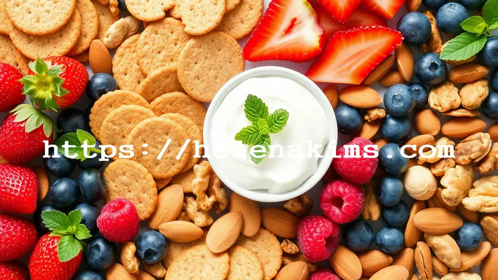 그릭 요거트 주변으로 블루베리, 통곡물 과자, 딸기 등이 놓인 모습.