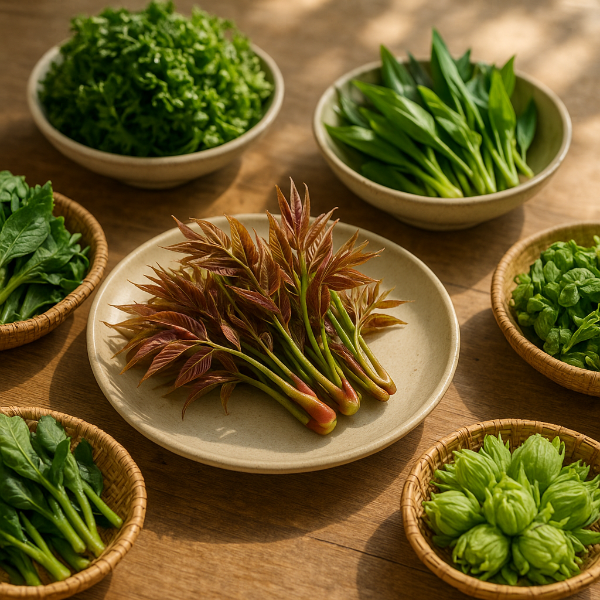 참죽나물과 봄나물들이 테이블 위에 건강하게 진열된 모습