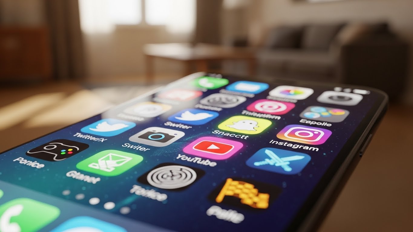 주의력을 분산시키고 뇌를 자극하는 화려한 스마트폰 앱 아이콘들의 모습