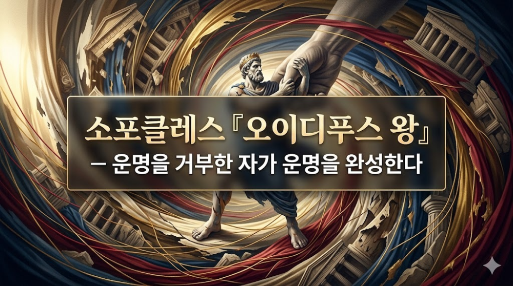 소포클레스의 비극 오이디푸스 왕을 주제로 한 썸네일로, 거대한 운명의 소용돌이 속에 서 있는 왕의 모습과 '운명을 거부한 자가 운명을 완성한다'는 문구가 포함된 세련된 인문학 콘텐츠
