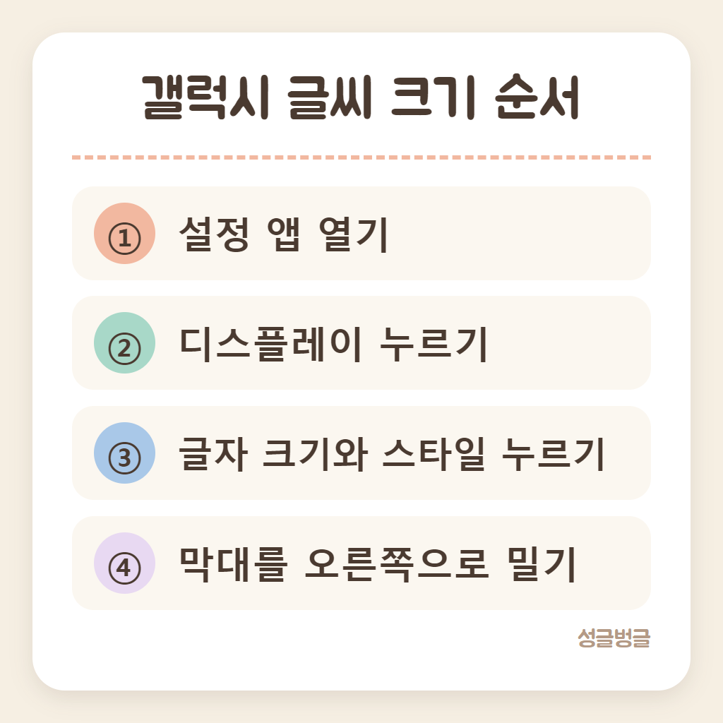 갤럭시 글씨 크기 키우는 순서를 정리한 카드