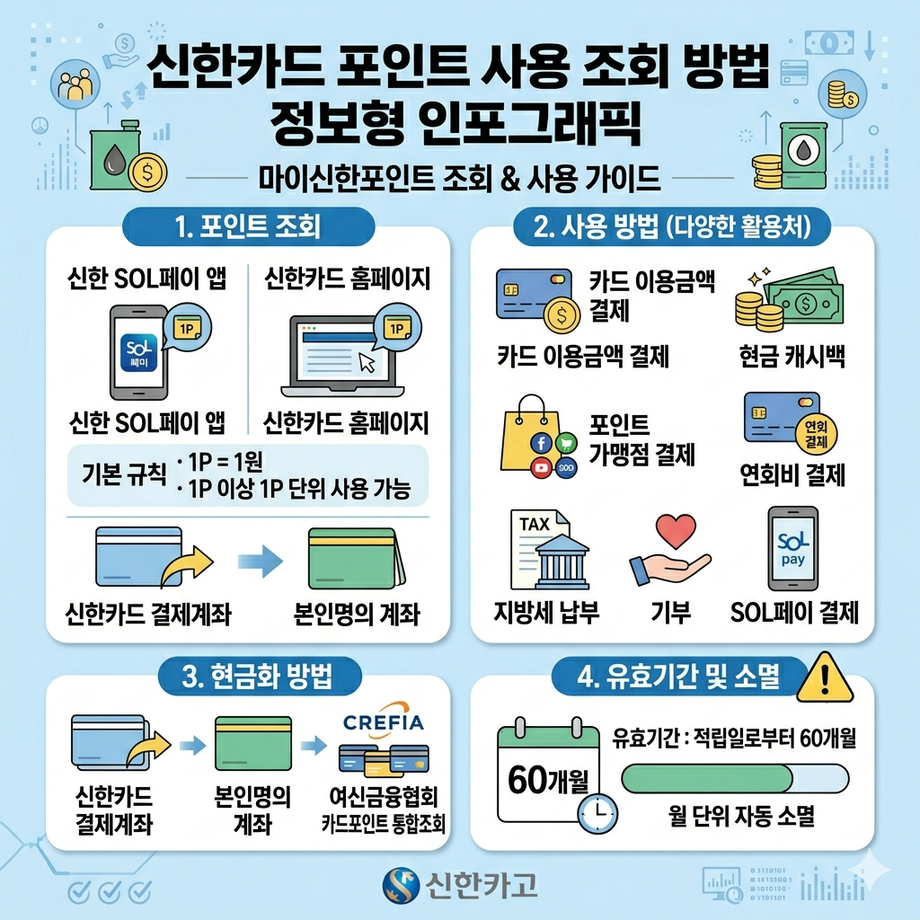 신한카드 포인트 사용 조회 방법 마이신한포인트 현금화&middot;사용처&middot;소멸예정 확인 인포그래픽
