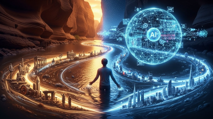 흐르는 시간의 강 안의 인간과 AI 신경망 구체가 앉아 시간을 데이터로 분석하는 모습