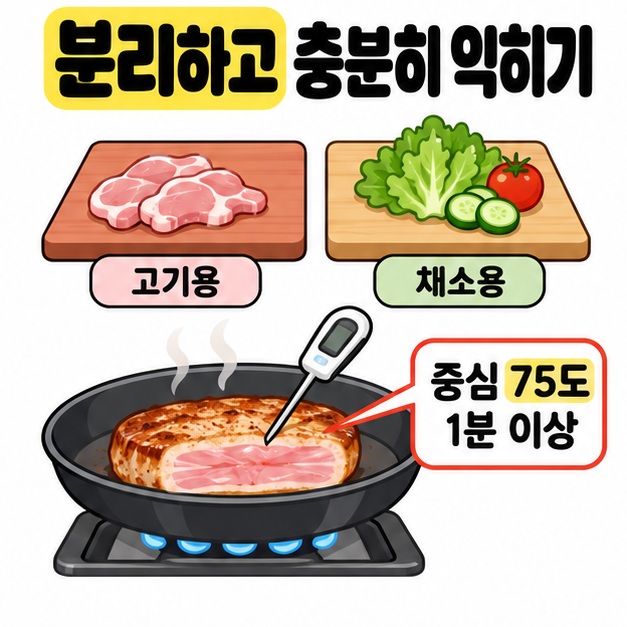 고기용과 채소용 도마를 구분하고 고기 중심에 온도계를 꽂아 중심 75도에서 1분 이상 가열하도록 안내하는 그림