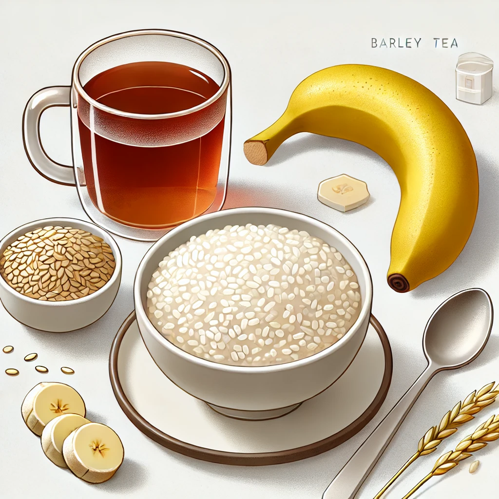 장염 회복을 돕는 흰죽, 바나나, 보리차 음식 이미지