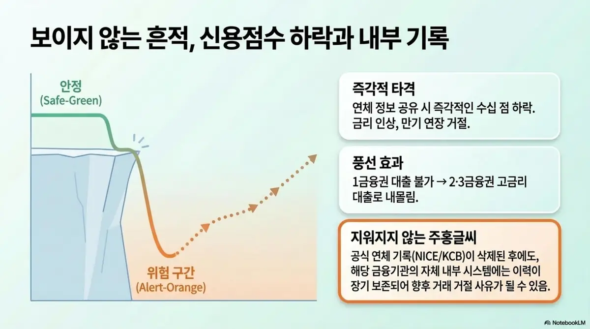 대출연체 카드정지: 대출 연체 시 신용점수가 급락하는 과정을 시각화한 인포그래픽. 즉각적인 점수 하락과 2금융권 3금융권 고금리 대출로 내몰리는 풍선 효과 및 공식 기록 삭제 후에도 금융기관 내부 시스템에 이력이 남는 구조를 설명함