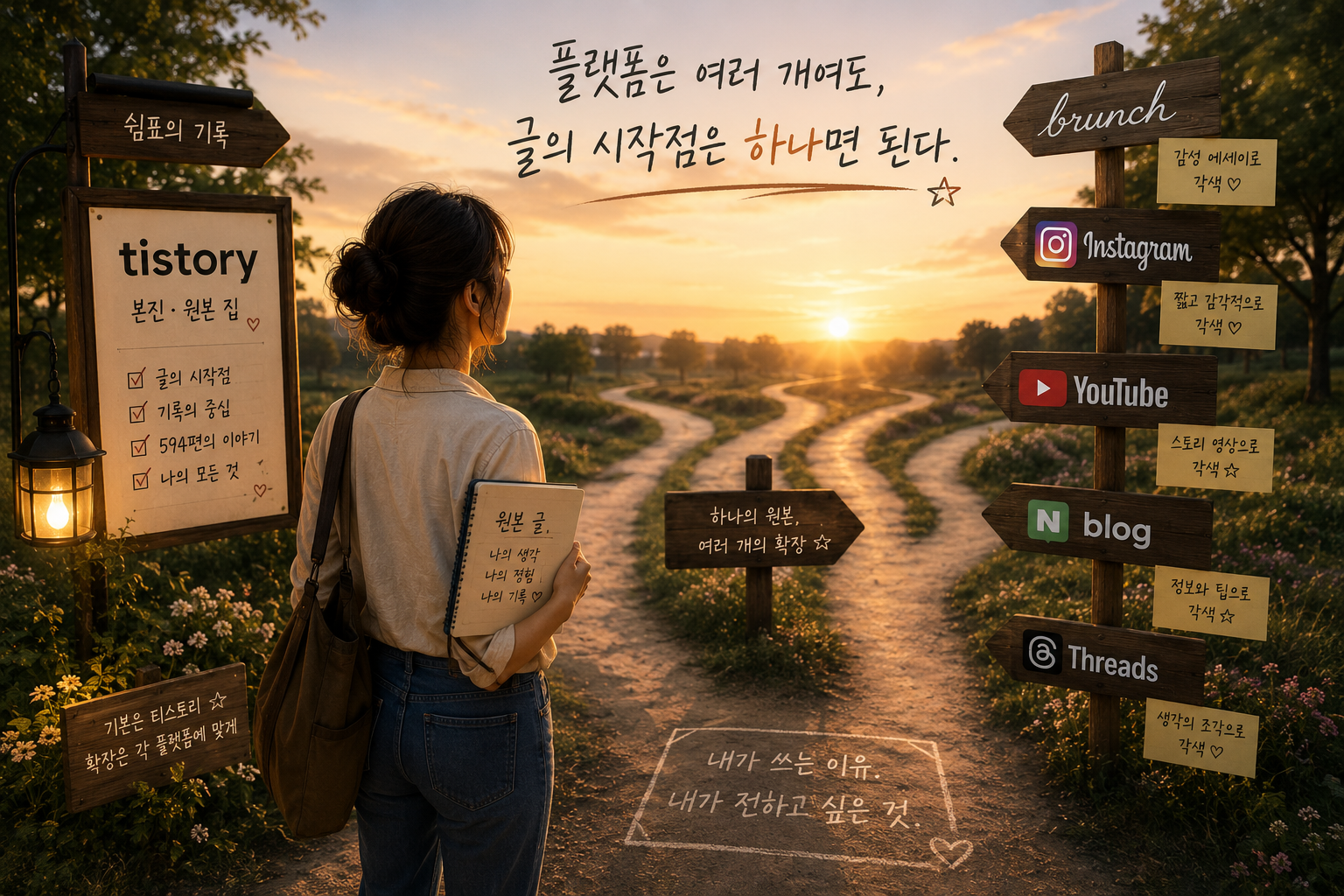 여러 플랫폼으로 이어지는 길 앞에서 자신의 원본 글을 들고 서 있는 콘텐츠 창작자