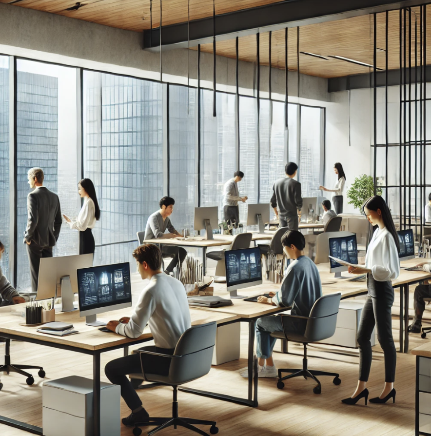 직원들이 연금 관련 주제로 협력하고 토론하는 모습