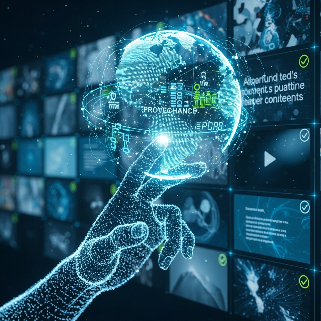 디지털 손이 홀로그램 지구본을 만지며 AI 콘텐츠의 출처 정보를 확인하는 미래적인 이미지. 신뢰와 투명성을 강조합니다.