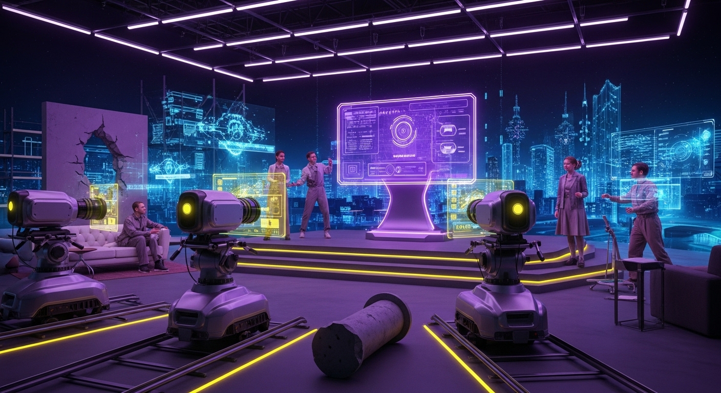 AI 감독이 인간 배우와 로봇 카메라를 지휘하며 영화를 촬영하는 미래 영화 세트장.