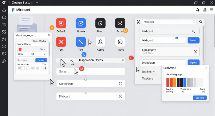 피그마 인터페이스에서 Mixboard의 시각 언어를 바탕으로 버튼, 입력 필드 등 정교한 UI/UX 디자인 시스템이 구축되고 있는 모습.