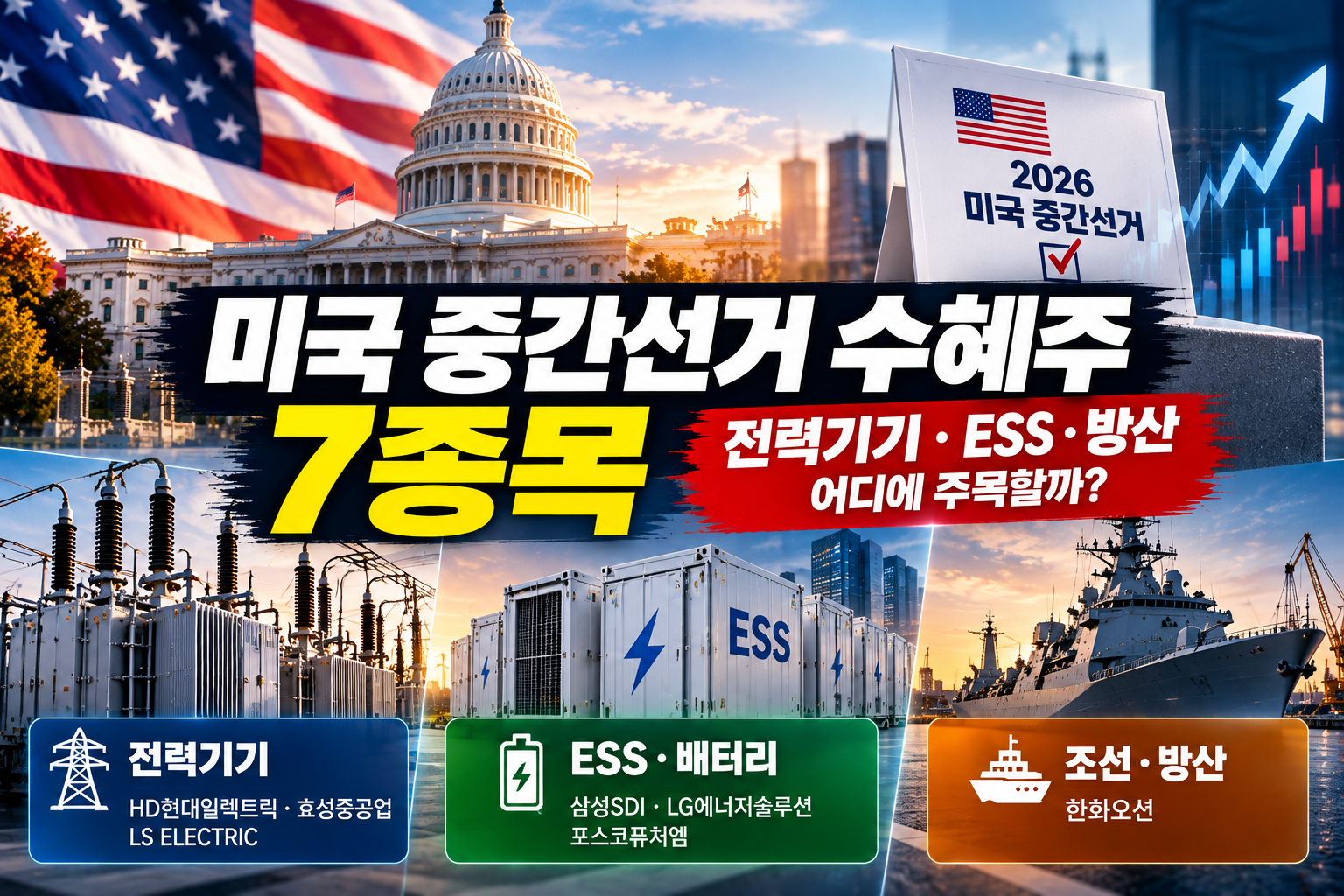 2026년 미국 중간선거 수혜주 7종목, HD현대일렉트릭·효성중공업·LS ELECTRIC 등 전력기기와 ESS·배터리·조선방산 관련주 비교