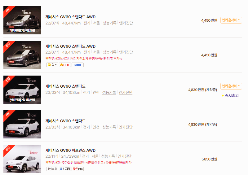 제네시스 GV60 중고차 가격 시세표 24년10월
