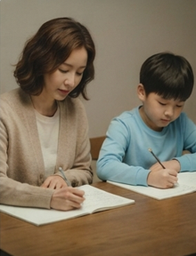 엄마와 아들이 나란히 앉아 각자 노트에 적는 모습