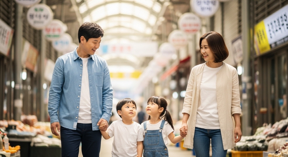어린아이와 손잡고 시장을 걷는 부모
