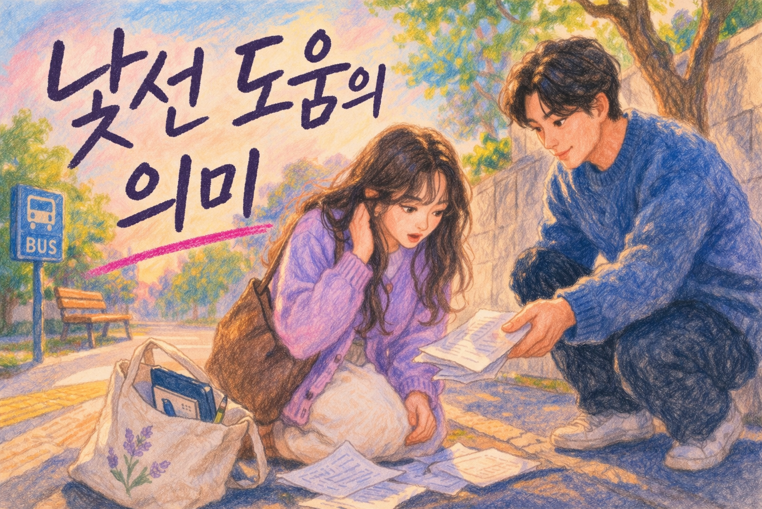 낯선 사람이 떨어진 서류를 주워 도와주는 따뜻한 장면의 색연필 일러스트