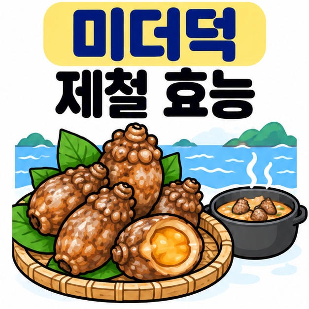 미더덕 제철 효능 문구와 미더덕, 바다 물결, 냄비 아이콘을 보여주는 대표 카드