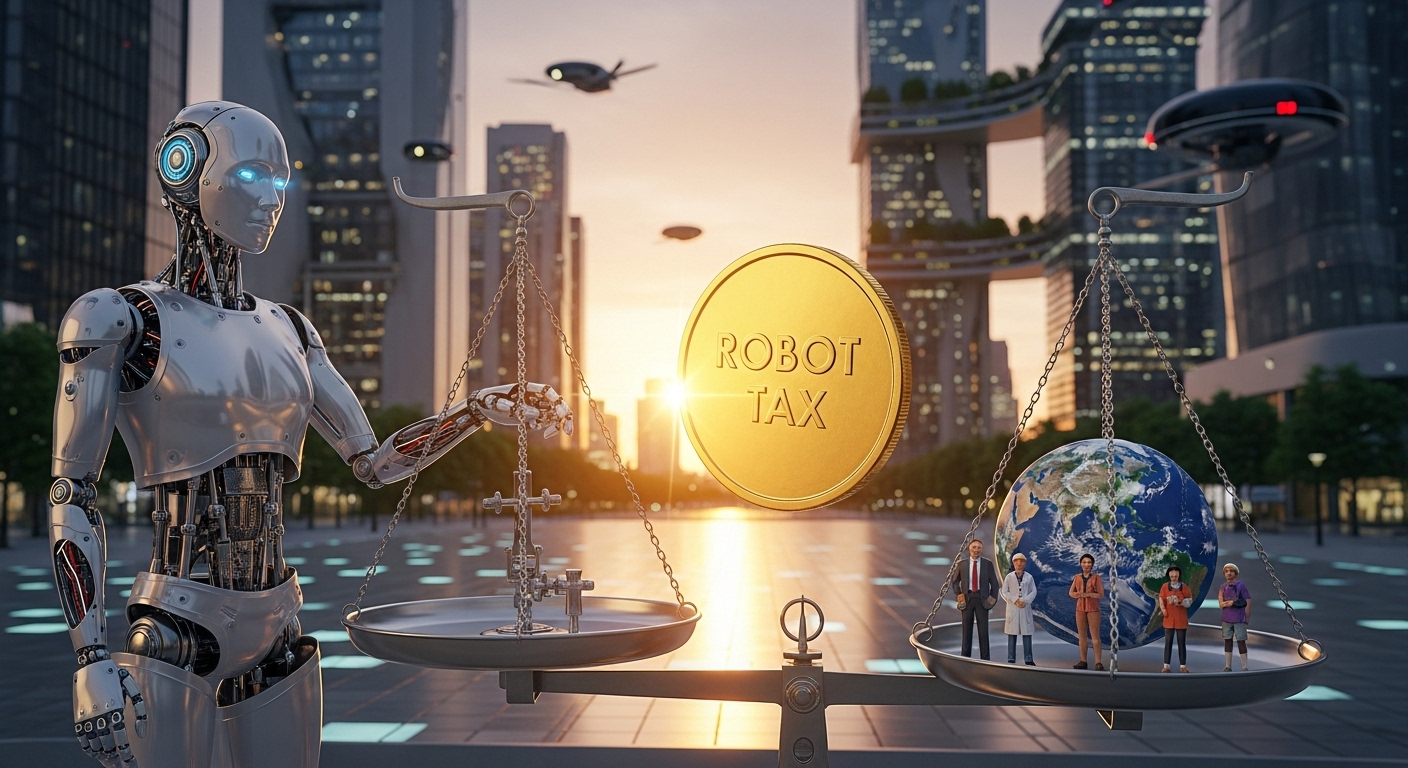 저울 위에 놓인 최첨단 AI 로봇과 인간이 평형을 이루며, 로봇에게 부과된 세금(코인)이 인간 사회의 복지로 순환되는 경제 모델 개념도