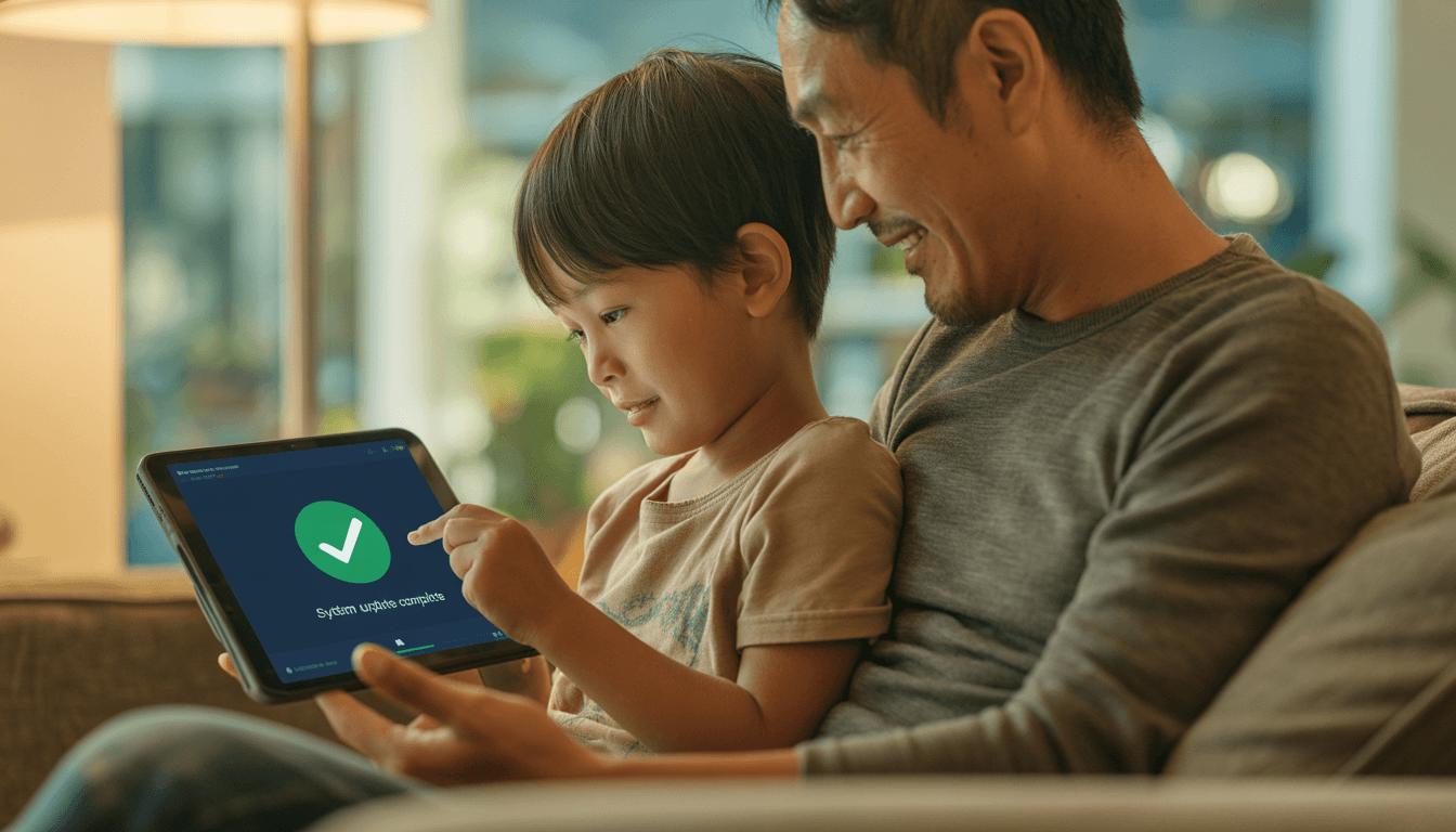 태블릿을 통해 홈캠 펌웨어 업데이트 완료를 확인하며 안심하는 아빠와 아들의 모습