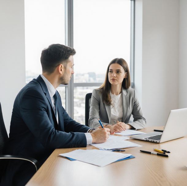회의실 공간에서 상사와 소통하는 직장인의 모습