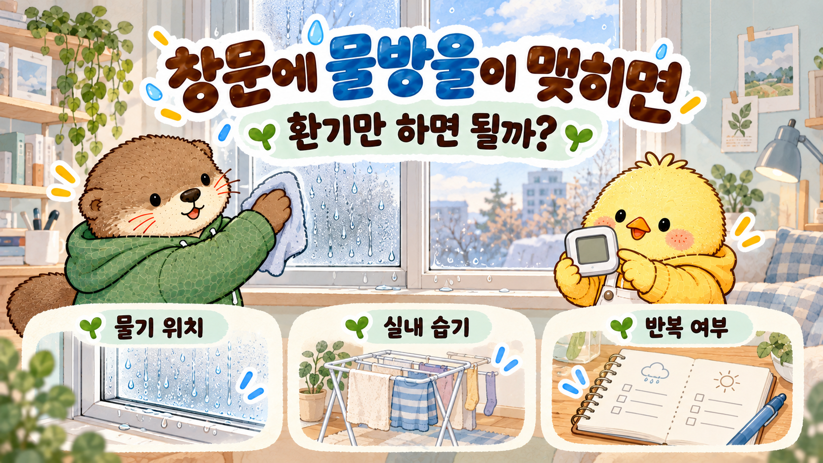 원룸 창문 물방울의 위치 실내 습기 반복 여부를 확인하는 결로 안내 이미지