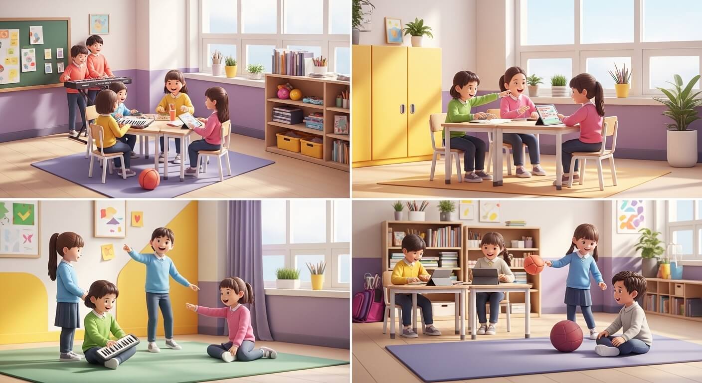 4등분된 이미지에 각각 학생들이 모여 즐거운시간을 나누고 있다