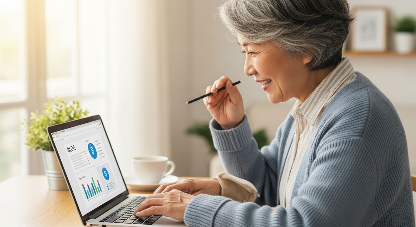 행복해 보이는 50대 후반의 한국인 시니어가 노트북으로 블로그를 운영하며 월 100만원 수익을 달성하는 모습을 활기차게 표현한 이미지.