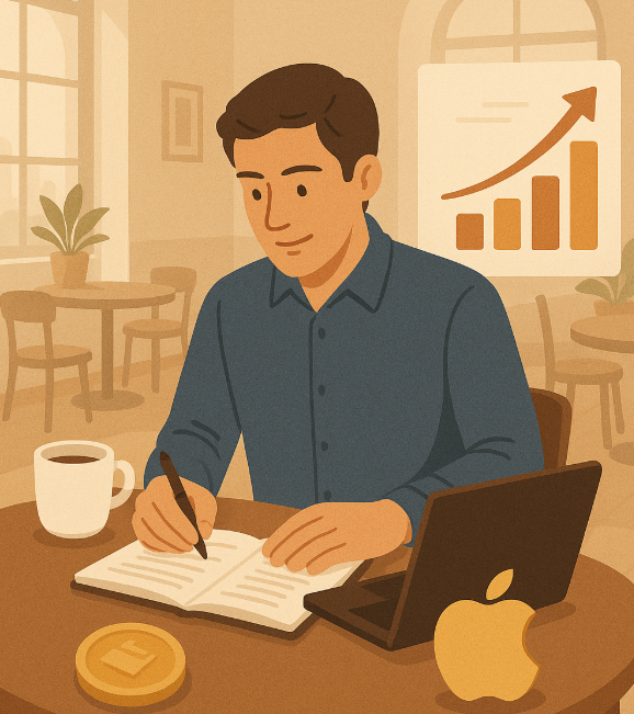 카페에서 노트북과 책을 이용해 재무목표를 성정하는 남성이미지