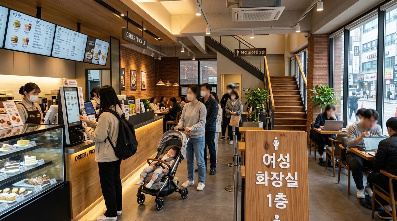 여성 화장실이 1층에 있고 남성 화장실이 2층에 있는 프랜차이즈 매장 동선 이미지