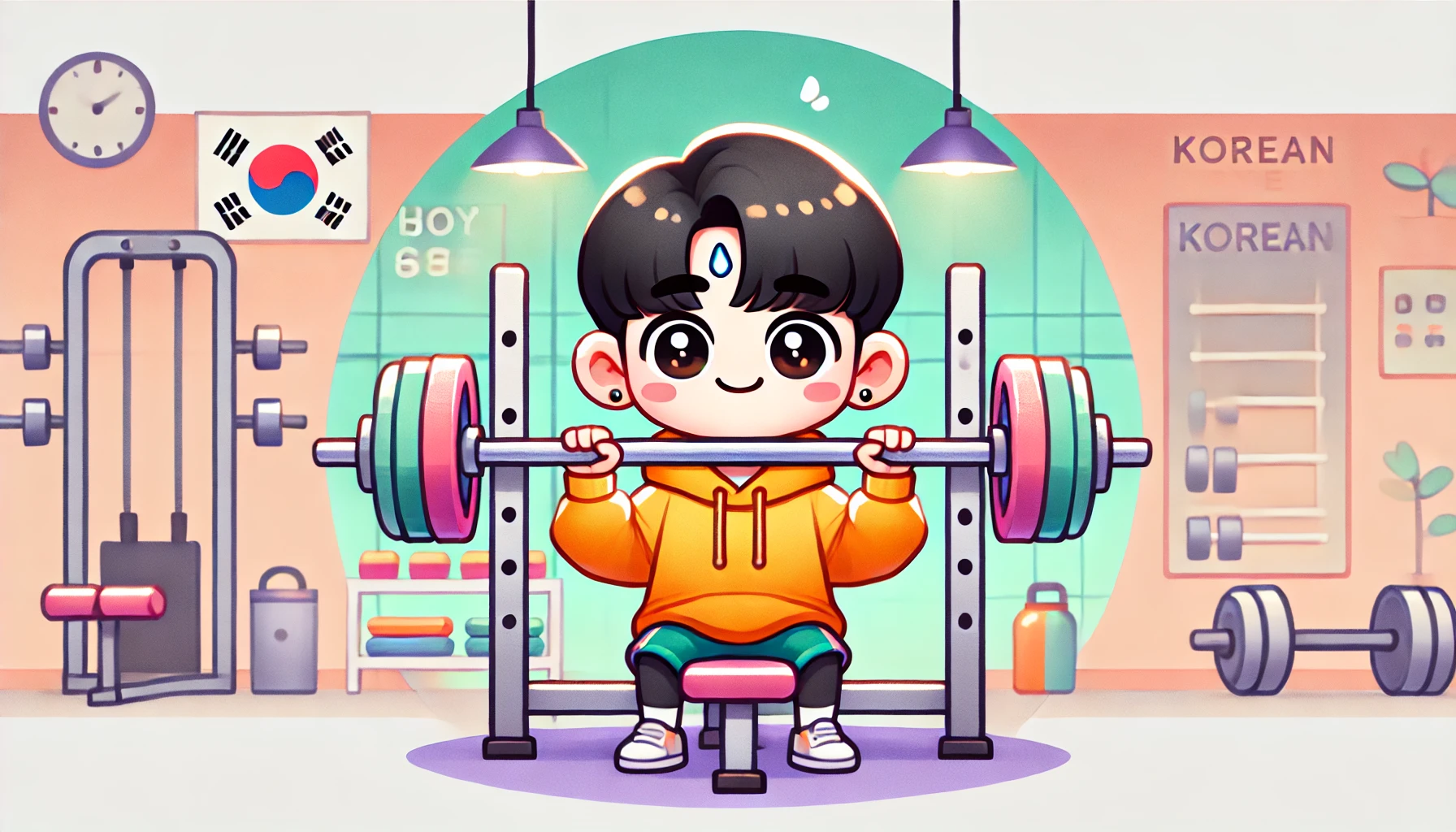 귀여운 한국 청년이 아기자기한 헬스장에서 벤치프레스를 하는 모습. 둥근 얼굴과 큰 눈을 가진 캐릭터가 밝은색 후드티와 운동 반바지를 입고 있으며, 약간 커다란 바벨을 들어 올리며 땀을 흘린다. 배경에는 파스텔톤의 운동 기구와 한국어로 된 동기부여 포스터가 걸려 있어 아늑하고 즐거운 분위기를 자아낸다.