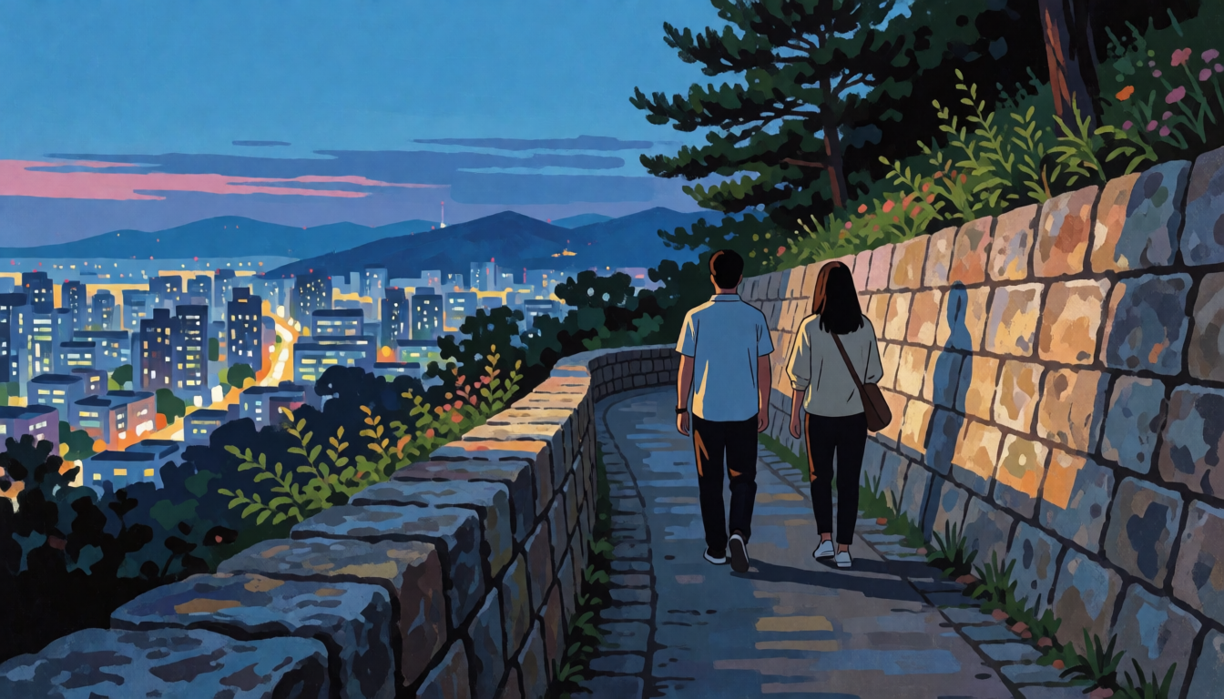 도시 불빛이 내려다보이는 낮은 돌벽 산책로를 걷는 두 사람의 뒷모습