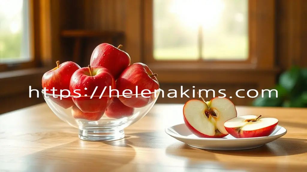 나무 탁자 위에 유리 그릇에 담긴 빨간 사과와 그 옆에는 반으로 잘라 하얀 접시에 담긴 사과의 모습.