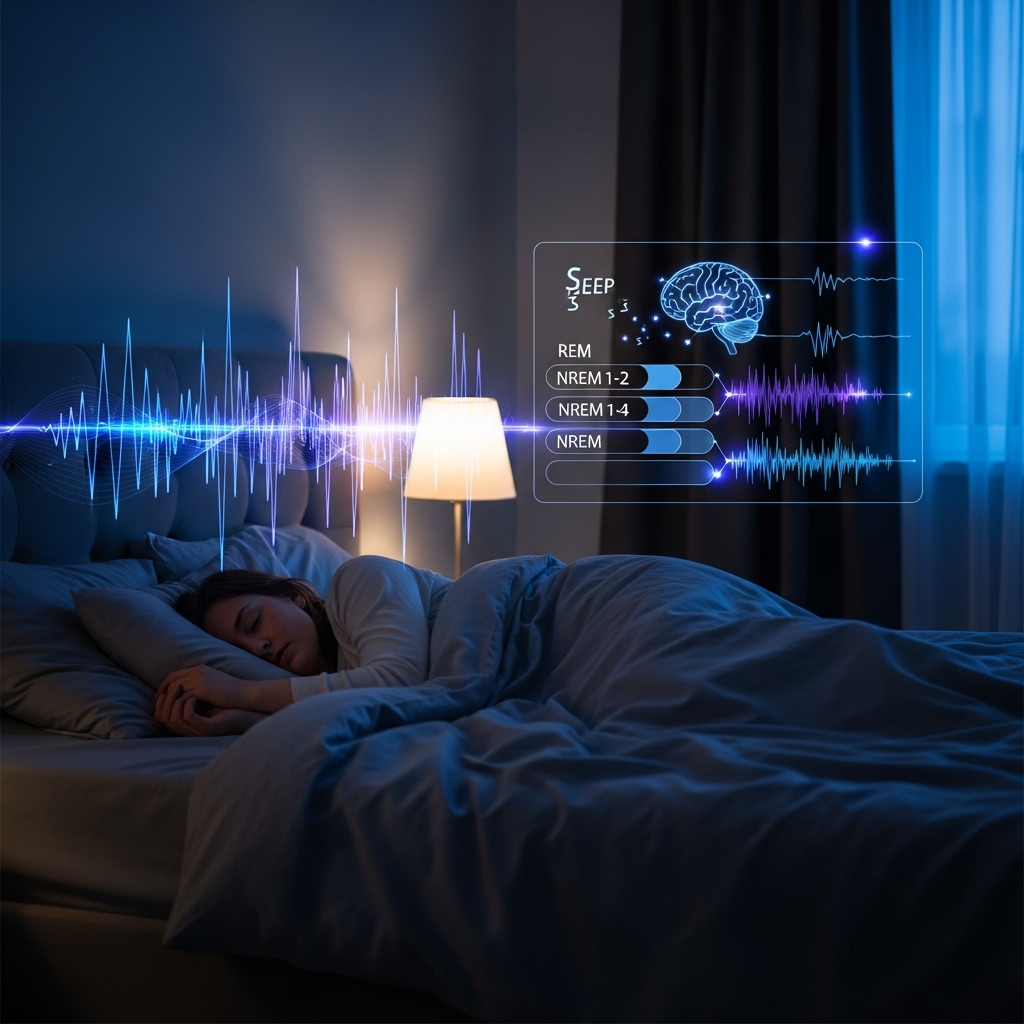 최신 수면 과학을 상징하는 푸른빛과 따뜻한 침실에서 평온하게 잠든 사람의 모습, 숙면의 중요성을 강조.