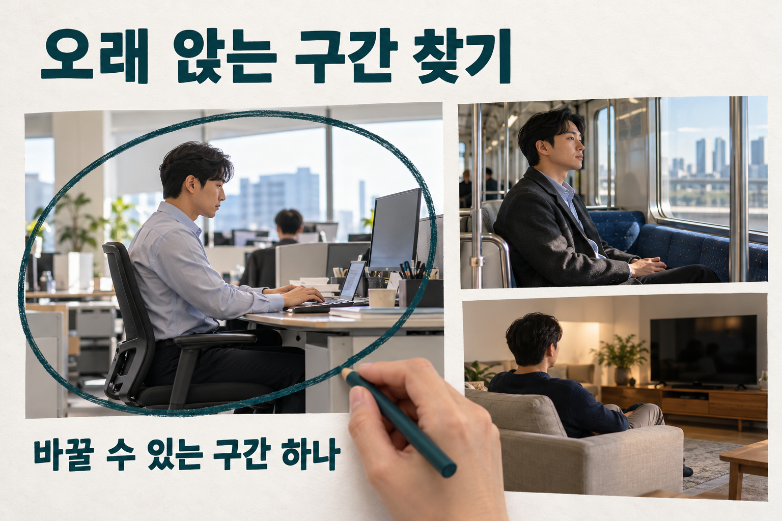 업무&middot;통근&middot;저녁 화면 시청 중 긴 책상업무를 표시한 하루 메모