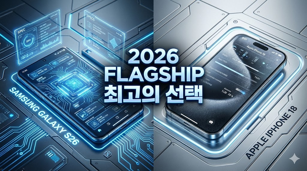 갤럭시 S26과 아이폰 18의 기술적 대결을 표현한 하이테크 인포그래픽 이미지