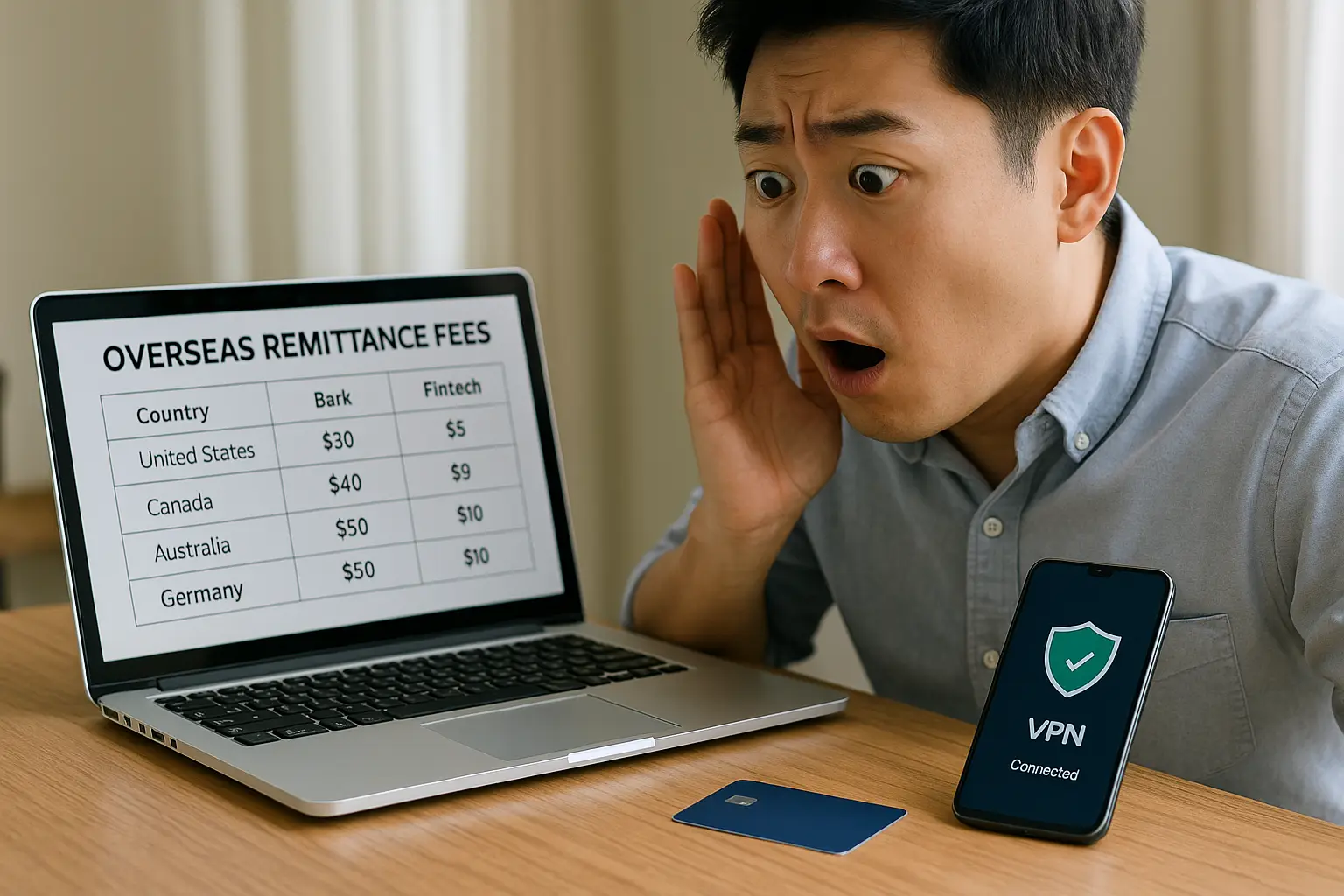 해외송금 수수료와 환율 차이를 확인하며 고민하는 30대 직장인