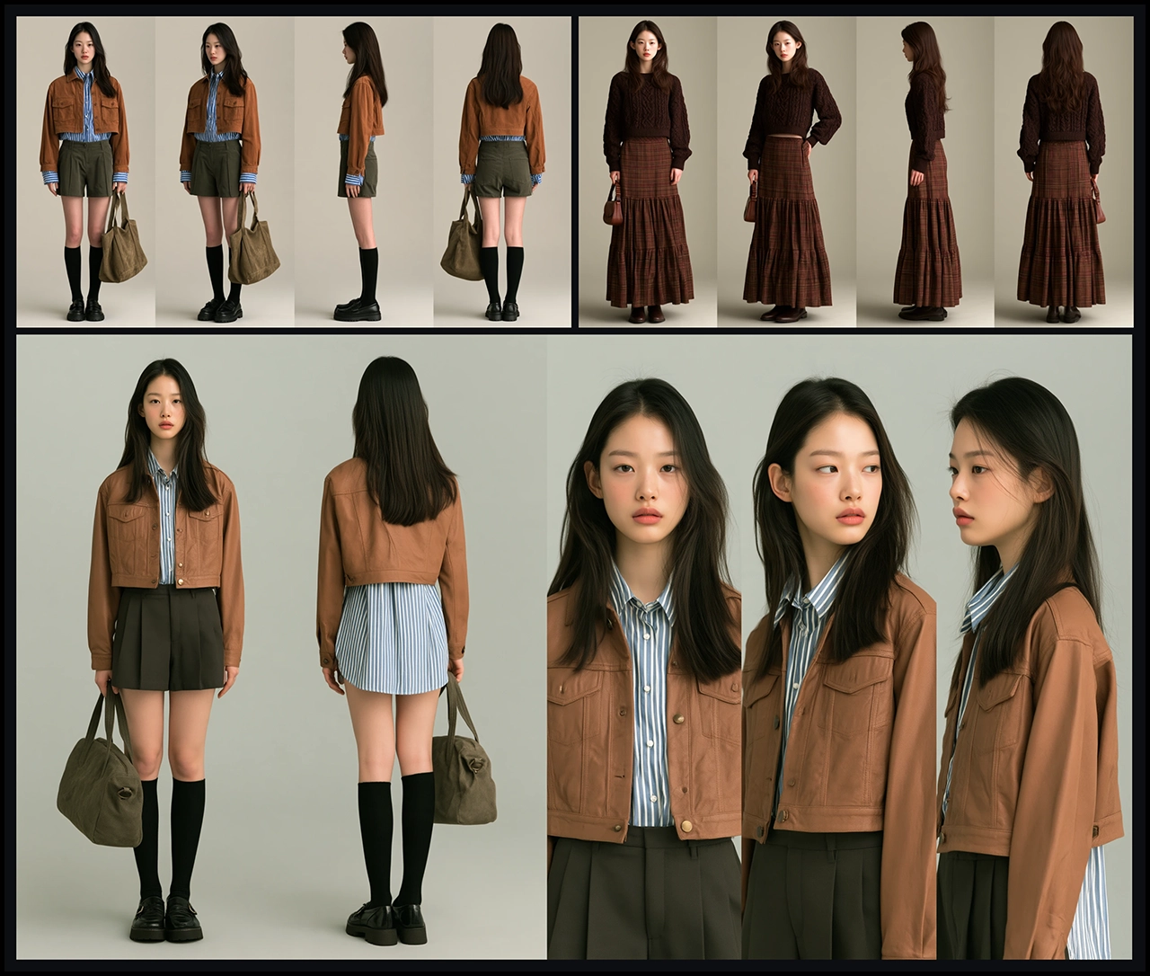 플랫레이 의상을 입은 여성 모델의 전신 4방향 캐릭터 시트