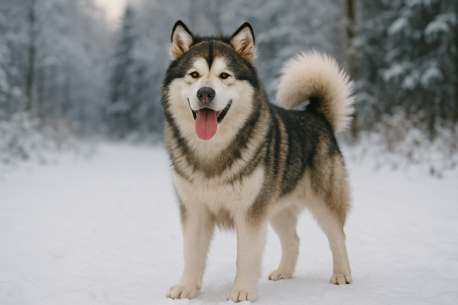 눈 덮인 숲을 배경으로 알래스칸 말라뮤트 한 마리가 혀를 내밀며 서있음