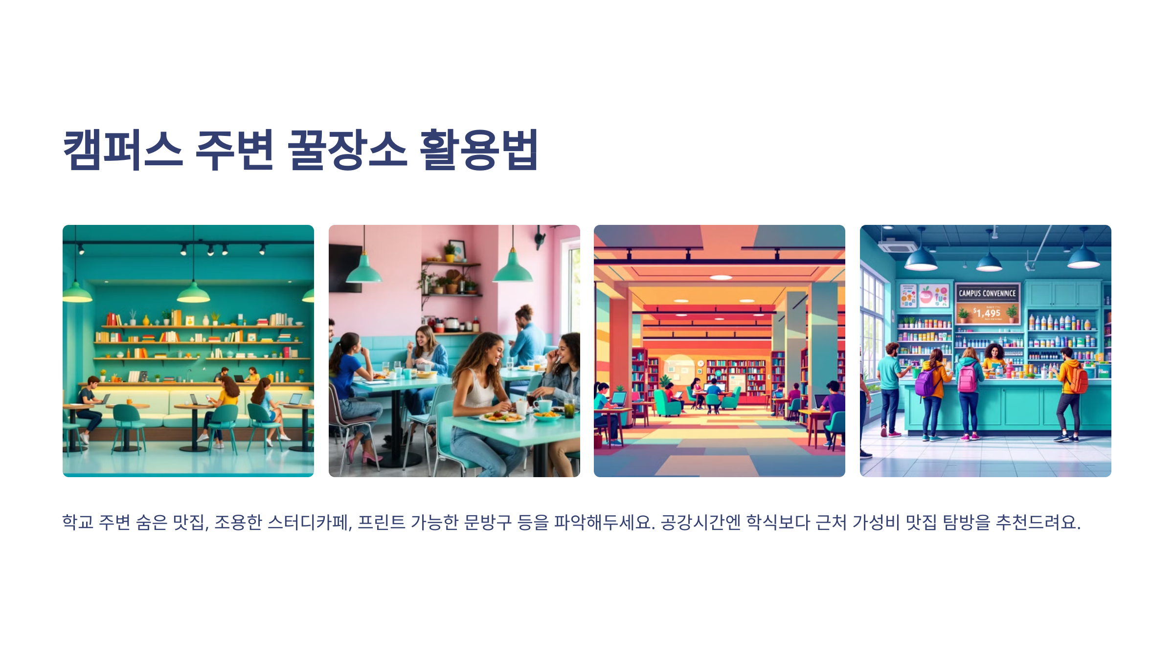 캠퍼스 주변 꿀장소 활용법이 적힌 글과 사진 4장이 나열되어 있는 이미지