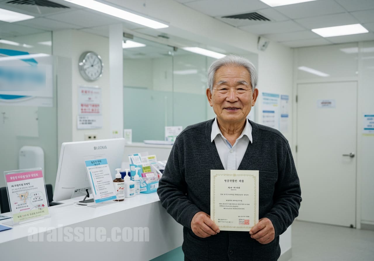 폐렴 백신을 맞고 접종 확인서를 들고 미소 짓는 한국 노인 남성. 카디건 차림으로 병원 접수대 앞에 서 있으며, 배경은 밝은 보건소 환경이다.