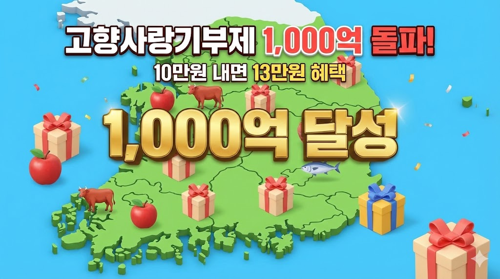 대한민국 지도 위에 지역 특산물과 선물 상자가 가득한 고향사랑기부제 일러스트