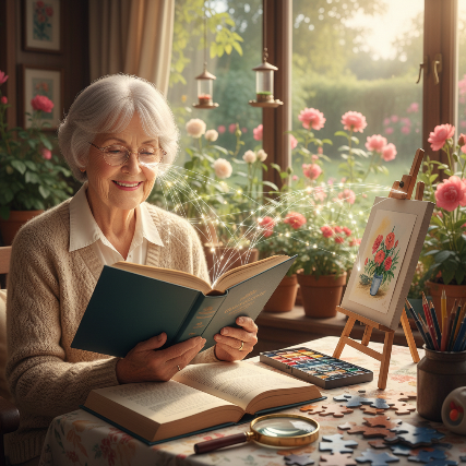 선명한 시야로 독서를 즐기며 뇌를 자극하는 시니어의 모습