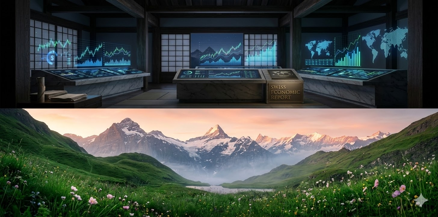 A panoramic realistic image. The top half is a sophisticated dark-themed financial command center with glowing holographic blue and green currency charts, data lines, and maps. Through a shoji screen window, shoji screen mountains are visible under a starry sky. The lower half is a mystical view of a lush green Swiss mountain meadow at dawn with snow-capped Alpine peaks under soft, warm sunrise light (orange and pink hues), seriene misty valley. Photorealistic, hyper-realistic, 8k.