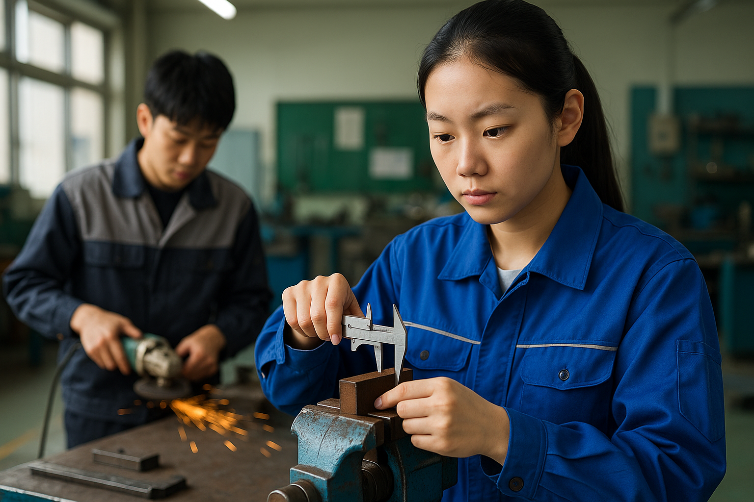 실습복을 입고 작업 중인 특성화고 학생들의 모습
