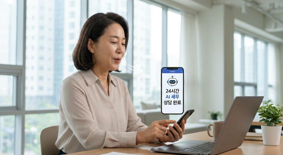 스마트폰으로 AI 세금 상담 서비스를 이용하며 안심하는 소상공인