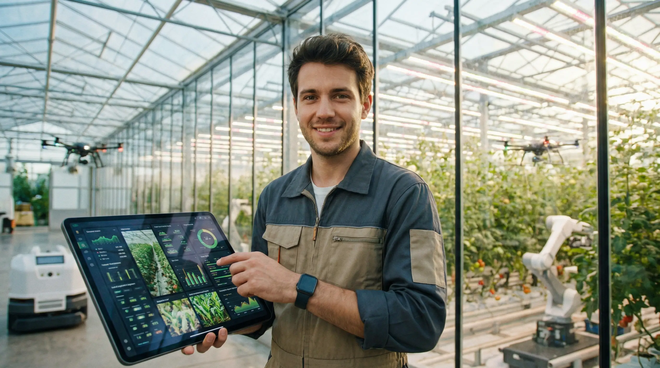최신식 스마트팜 온실 앞에서 태블릿으로 농장 현황을 관리하며 자신감 넘치는 표정을 짓는 청년 농부