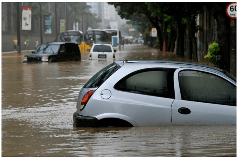 침수되어있는 소형 차량과 다른 차량들