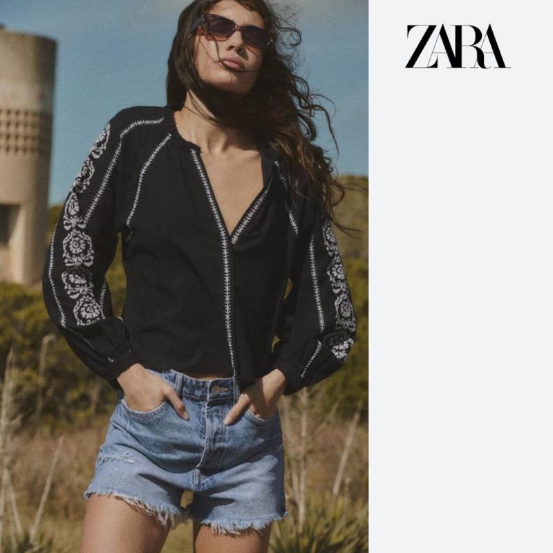 ZARA 에스닉 자수 브이넥 셔츠 블라우스 블랙
